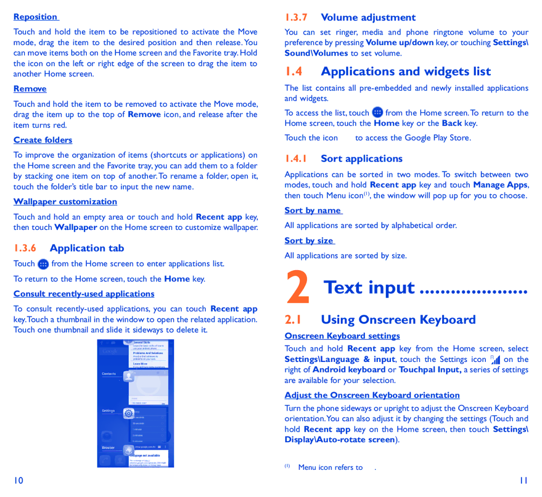 Alcatel SCRIBE EASY manual Applications and widgets list, Using Onscreen Keyboard, Application tab, Volume adjustment 