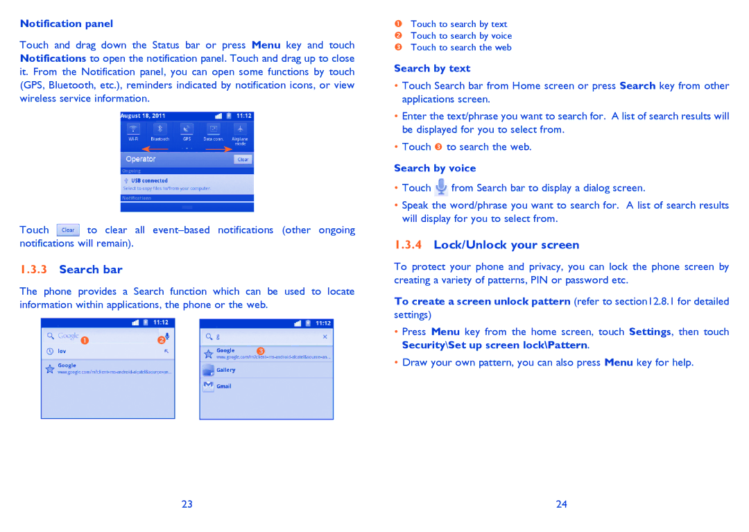 Alcatel 916D, Smart 916 manual Search bar, Lock/Unlock your screen, Notification panel, Search by text, Search by voice 