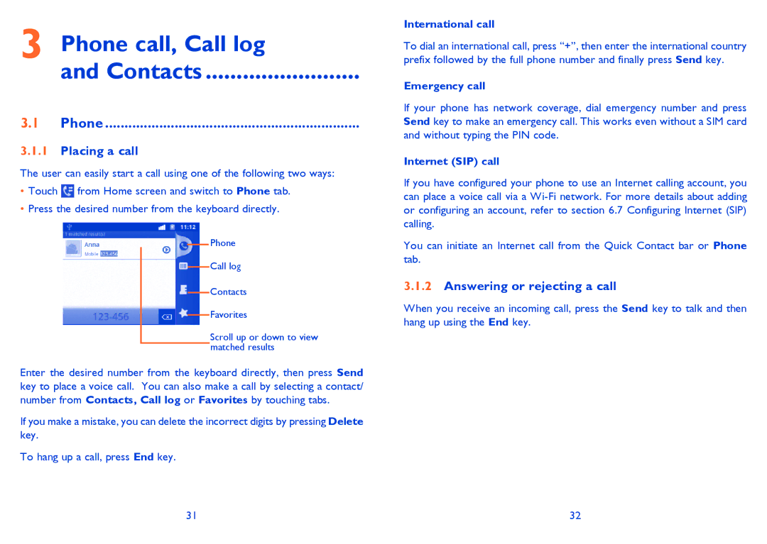 Alcatel 916D, Smart 916 manual Phone call, Call log Contacts, Placing a call, Answering or rejecting a call 