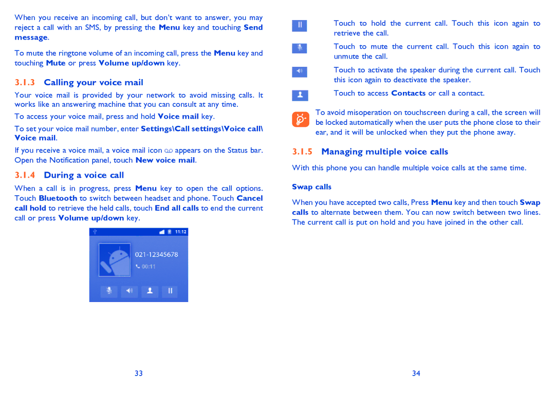 Alcatel Smart 916, 916D manual Calling your voice mail, During a voice call, Managing multiple voice calls, Swap calls 