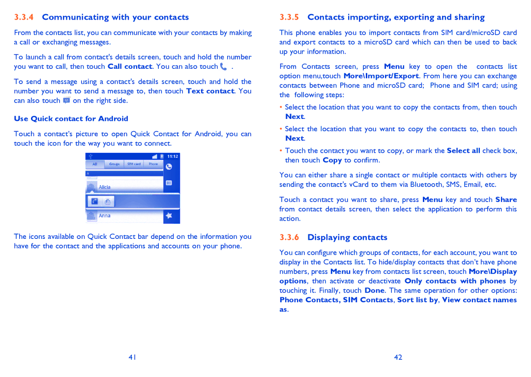 Alcatel Smart 916, 916D Communicating with your contacts, Contacts importing, exporting and sharing, Displaying contacts 
