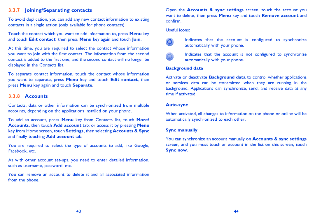 Alcatel 916D, Smart 916 Joining/Separating contacts, Accounts, Background data, Auto-sync, Sync manually 
