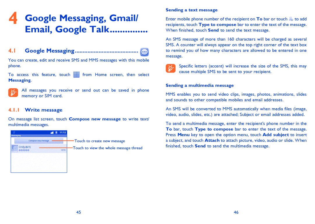 Alcatel Smart 916, 916D manual Google Messaging, Gmail Email, Google Talk, Write message, Sending a text message 