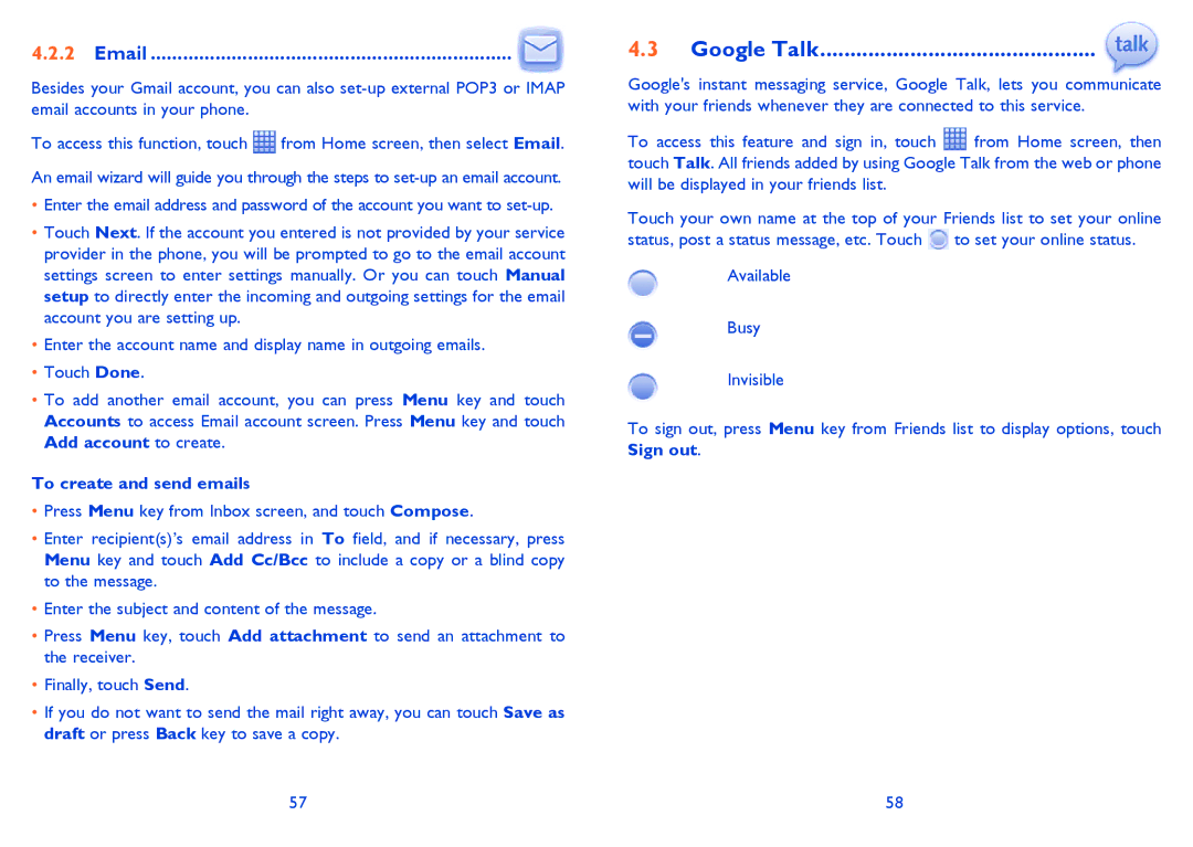 Alcatel Smart 916, 916D manual Google Talk, To create and send emails 