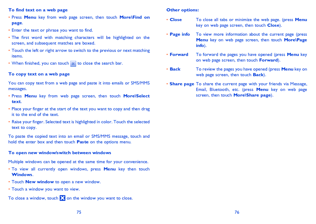 Alcatel 916D manual To find text on a web, To copy text on a web, To open new window/switch between windows, Other options 