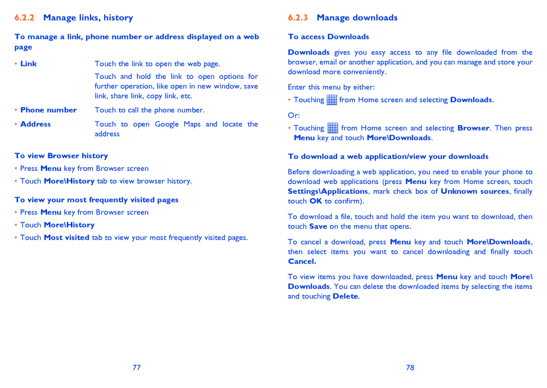 Alcatel Smart 916, 916D manual Manage links, history, Manage downloads 