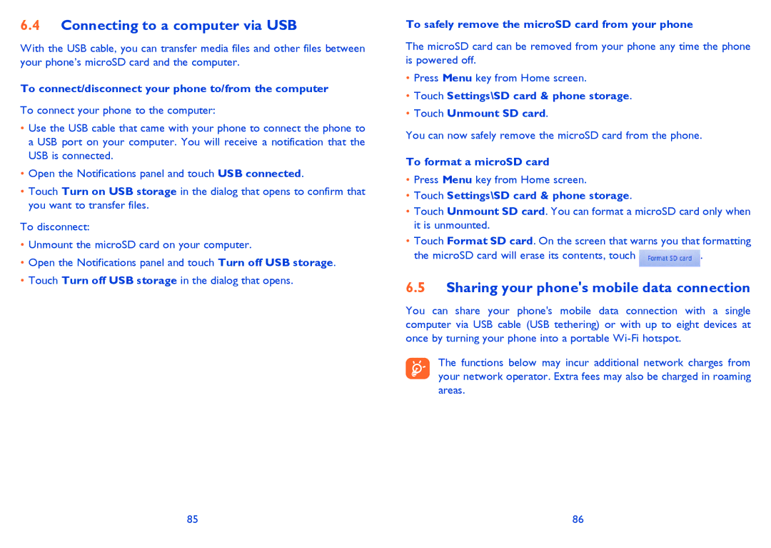 Alcatel Smart 916, 916D manual Connecting to a computer via USB, Sharing your phones mobile data connection 