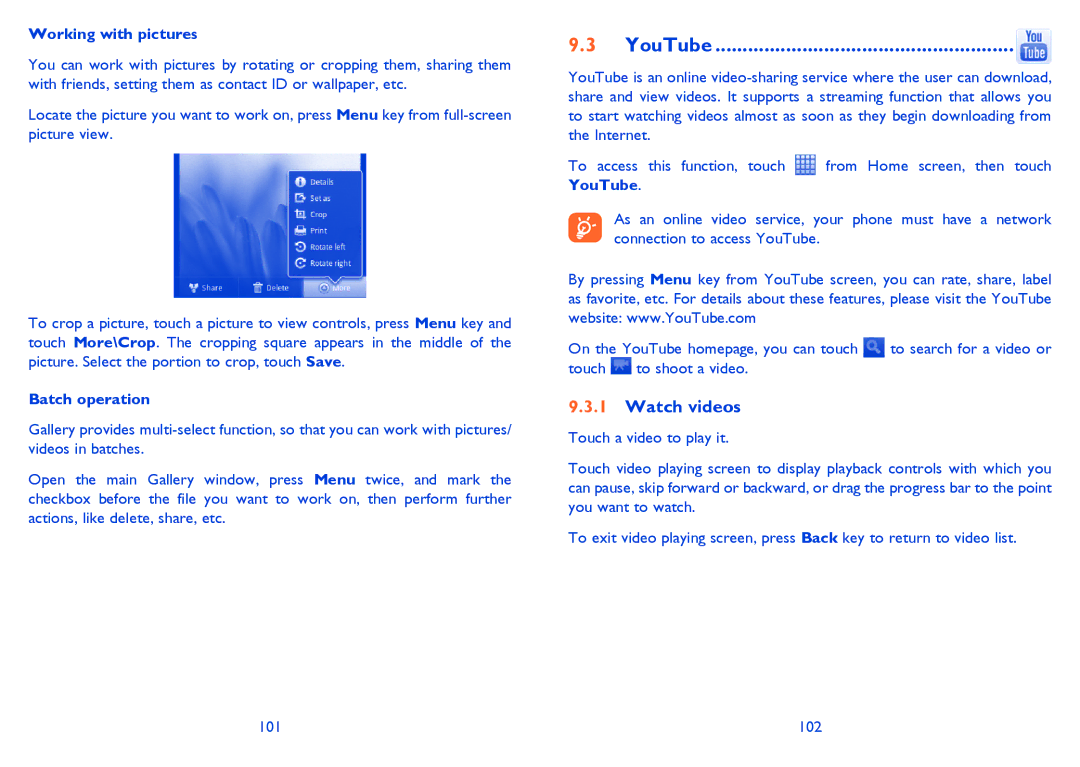 Alcatel Smart 916, 916D manual YouTube, Watch videos, Working with pictures, Batch operation, 102 