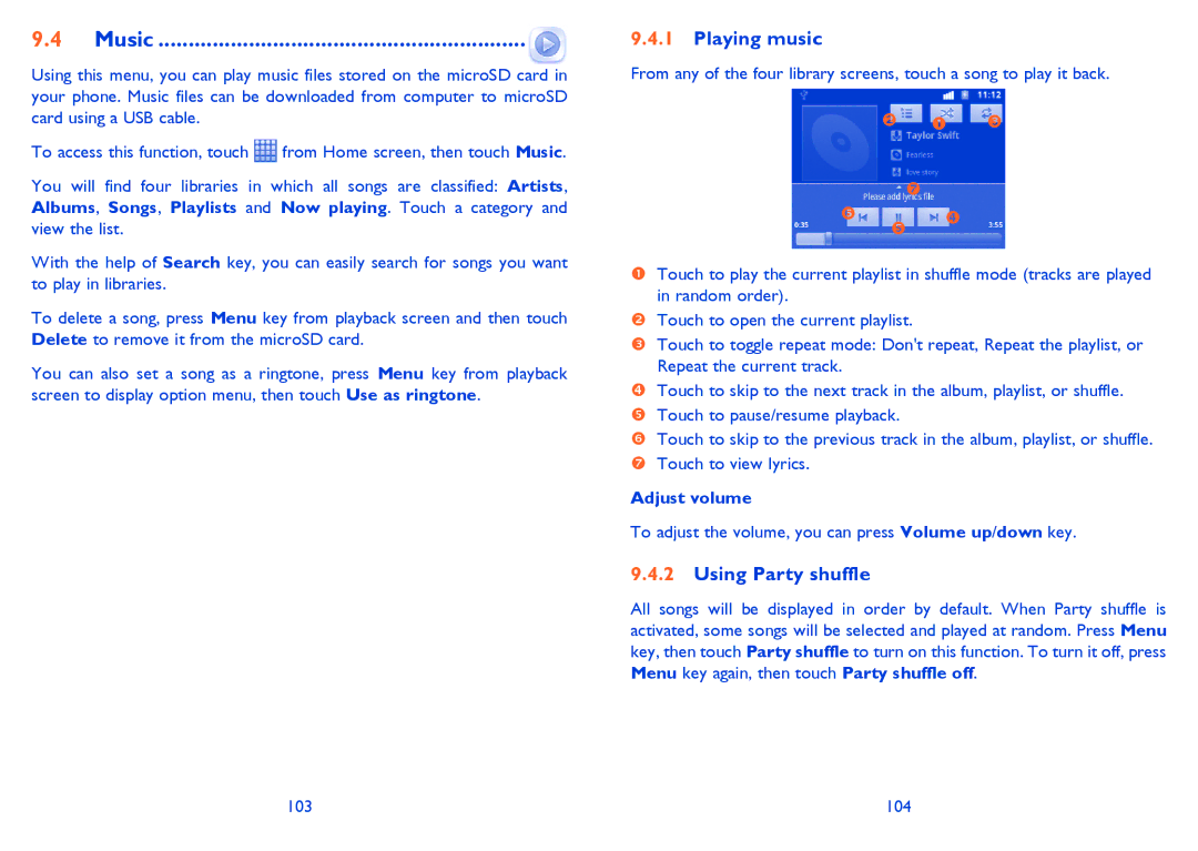 Alcatel 916D, Smart 916 manual Music, Playing music, Using Party shuffle, Adjust volume 