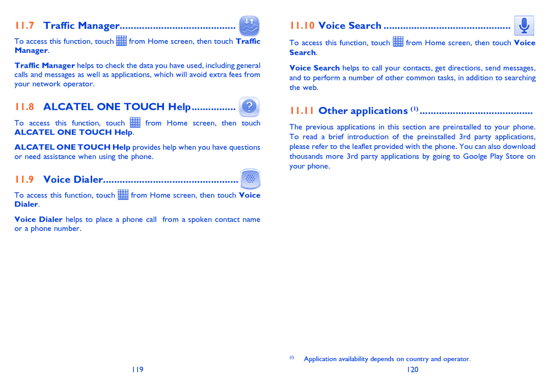 Alcatel 916D, Smart 916 manual Traffic Manager, Alcatel ONE Touch Help, Voice Dialer, Other applications, Voice Search 