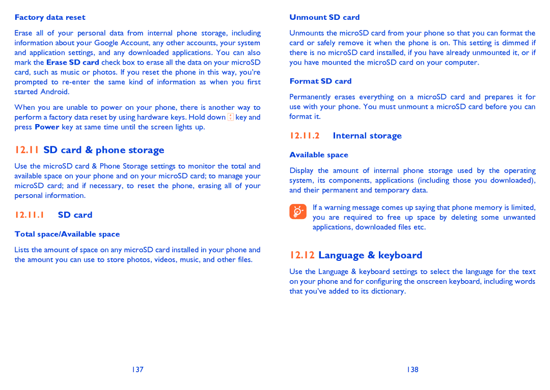 Alcatel Smart 916, 916D manual SD card & phone storage, Language & keyboard, Internal storage 
