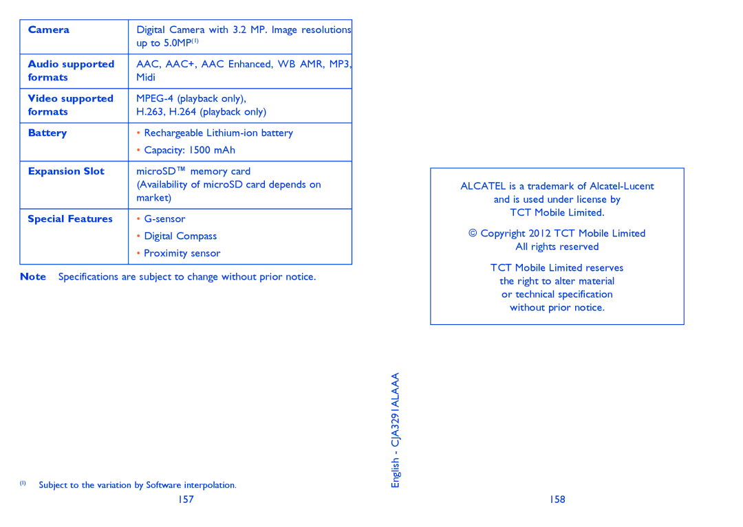 Alcatel Smart 916, 916D manual Camera, Audio supported, Formats, Video supported, Battery, Expansion Slot, Special Features 