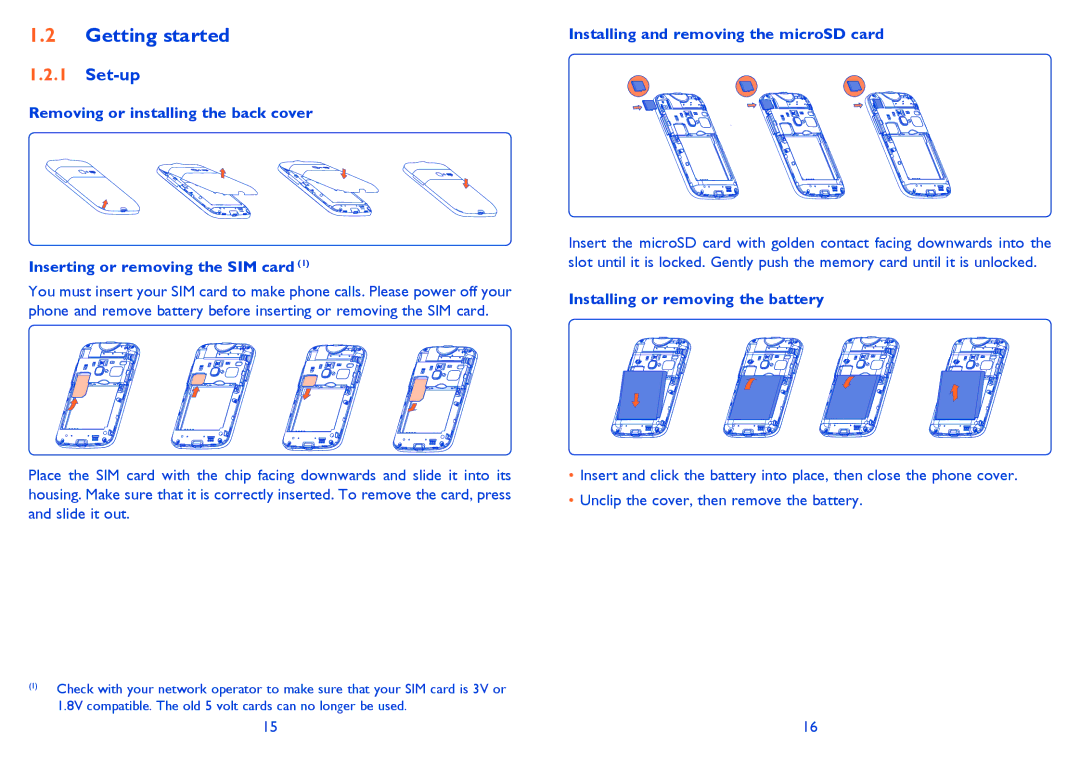 Alcatel 916D manual Getting started, Set-up, Installing and removing the microSD card, Installing or removing the battery 