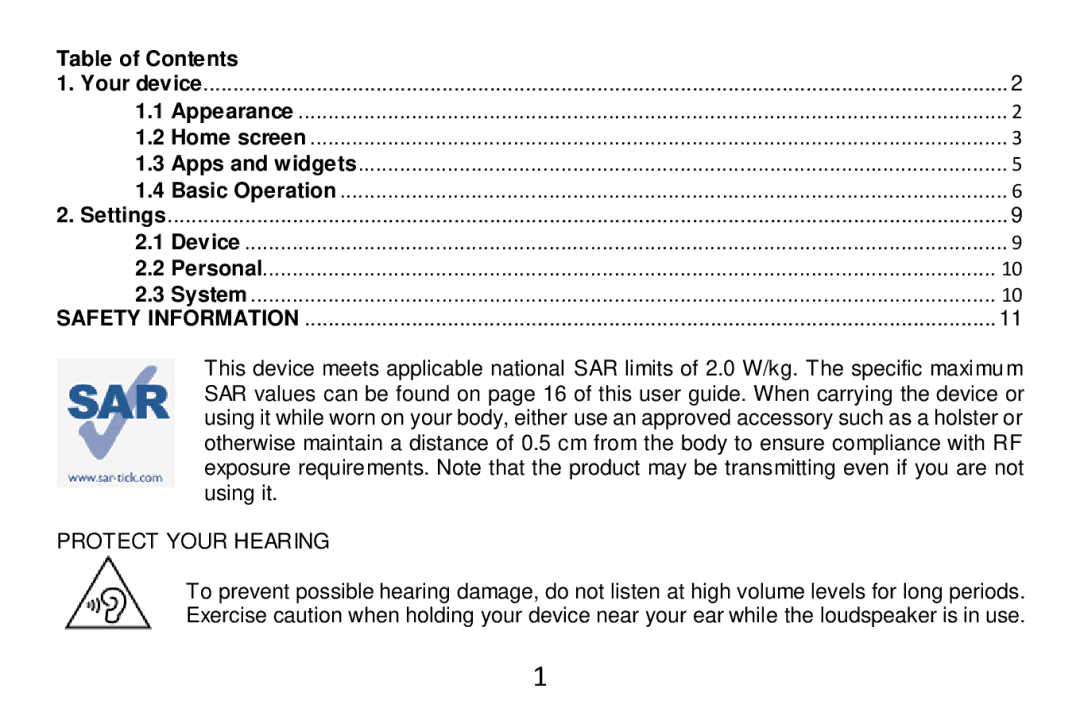 Alcatel Tab - 7HD manual Table of Contents, Protect Your Hearing 