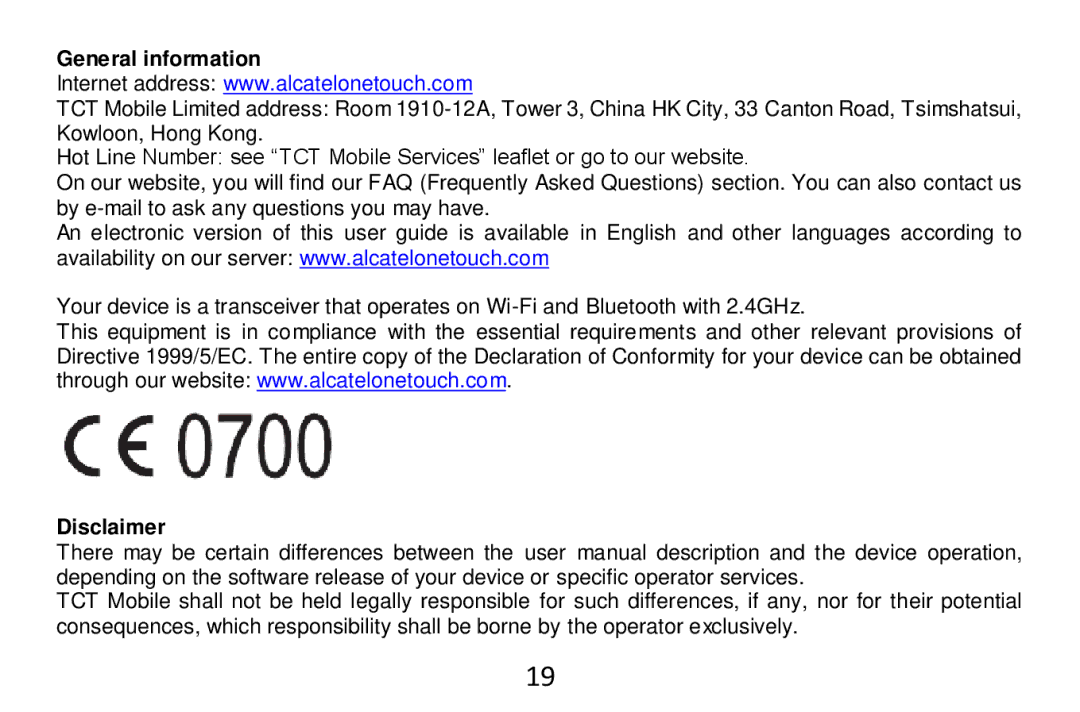 Alcatel Tab - 7HD manual General information, Disclaimer 