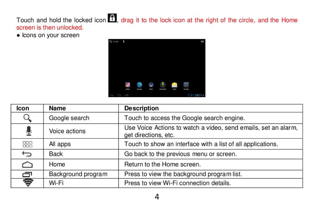 Alcatel Tab - 7HD manual Icon Name Description 