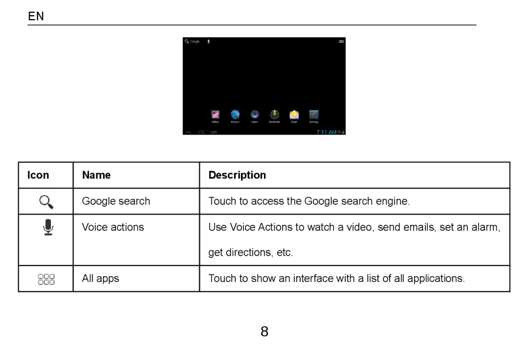 Alcatel Tab - 8HD manual Icon Name Description 