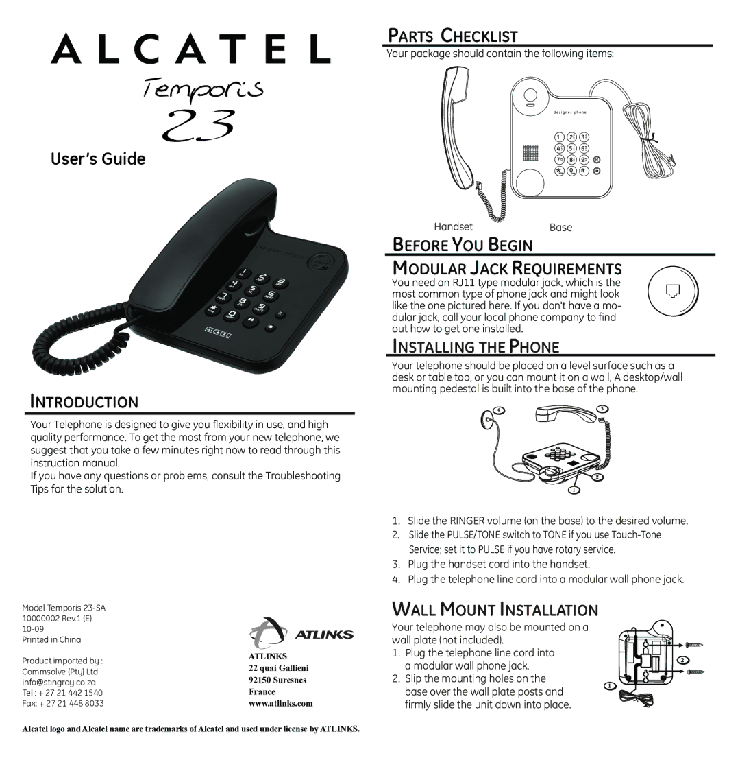 Alcatel Temporis 23 manual Nstalling the Hone, ALL Ount Nstallation, Wrapping the Telephone Line Cord, Telephone Basics 