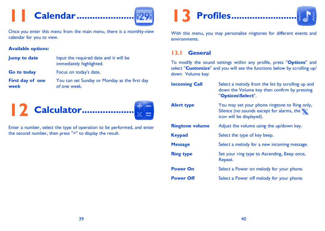 Alcatel TRIBE 3000 manual Calendar, Calculator, Profiles, General 