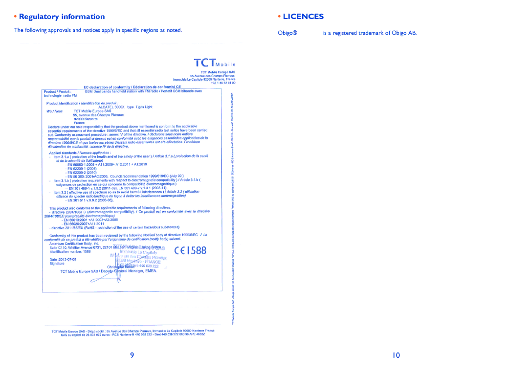 Alcatel TRIBE 3000 manual Regulatory information, Licences 