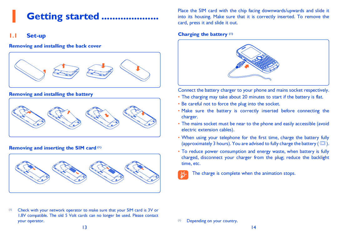 Alcatel TRIBE 3000 manual Getting started, Set-up, Charging the battery 