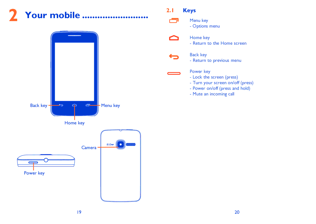 Alcatel Tribe (3040D) manual Your mobile, Keys 