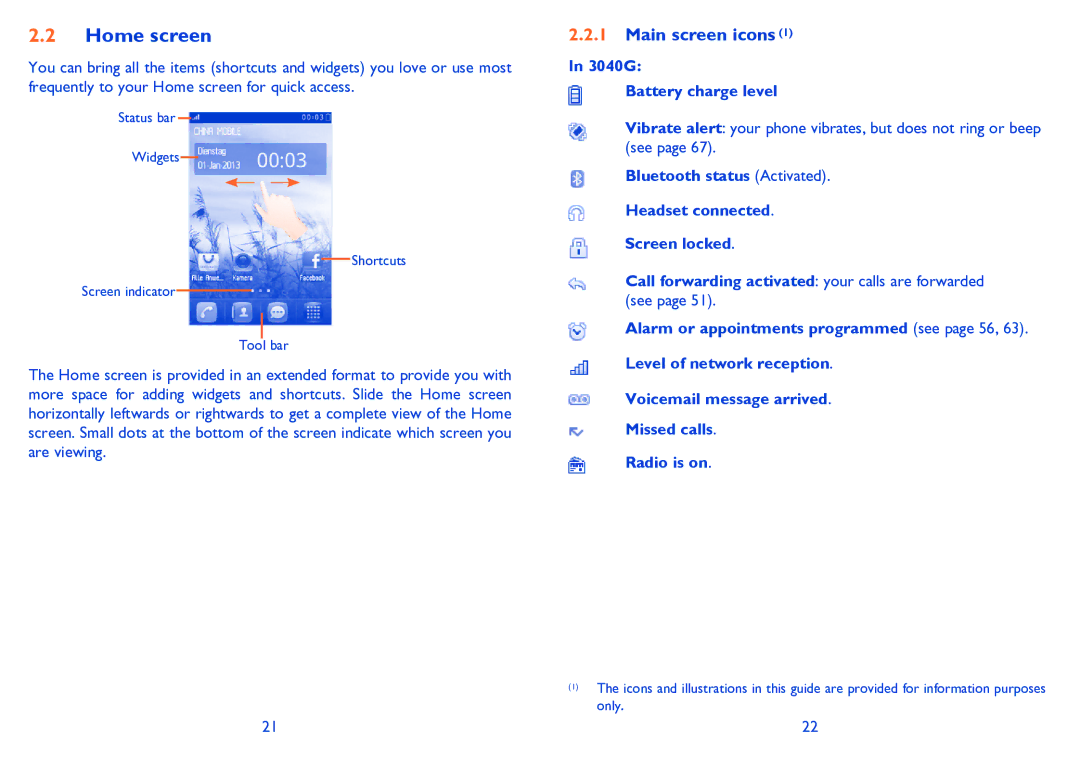 Alcatel Tribe (3040D) manual Main screen icons, 3040G Battery charge level 