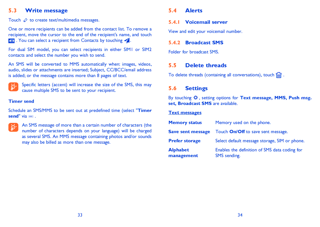 Alcatel Tribe (3040D) manual Write message, Alerts, Delete threads, Settings 