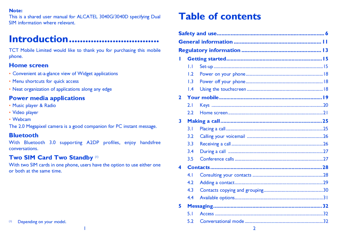 Alcatel Tribe (3040D) manual Introduction, Table of contents 