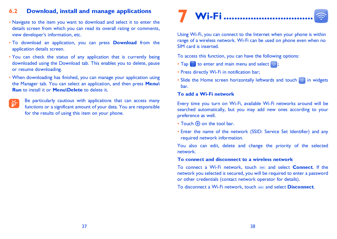 Alcatel Tribe (3040D) manual Download, install and manage applications, Bar To add a Wi-Fi network 