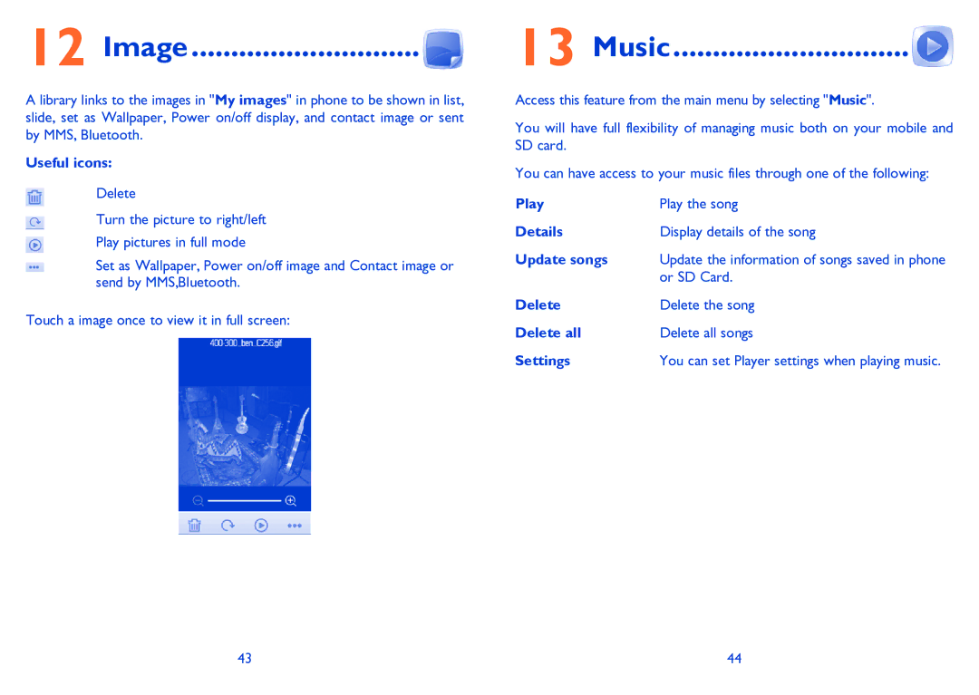 Alcatel Tribe (3040D) manual Image, Music, Or SD Card, Delete Delete the song Delete all Delete all songs Settings 