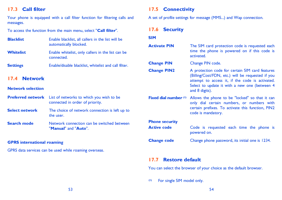 Alcatel Tribe (3040D) manual Call filter, Network, Connectivity, Security, Restore default 