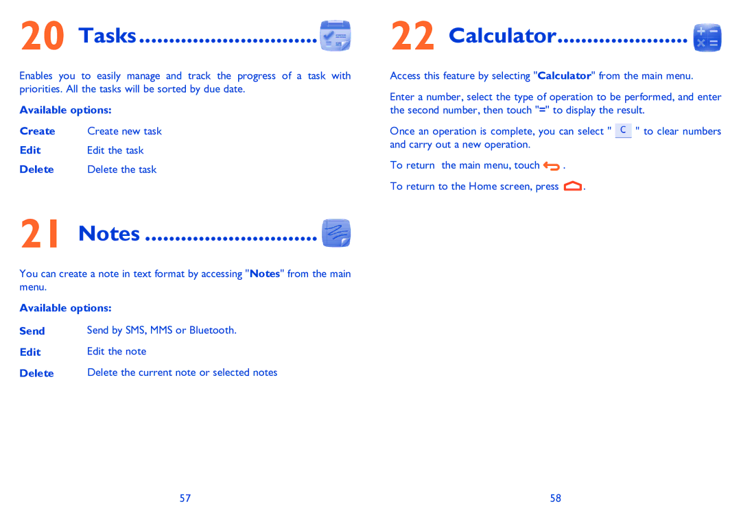 Alcatel Tribe (3040D) manual Tasks, Calculator, Available options Create, Edit Edit the task Delete Delete the task 