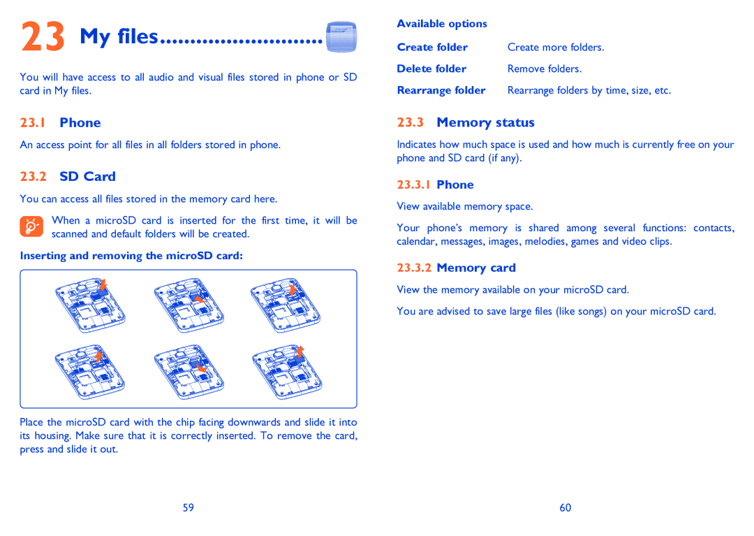Alcatel Tribe (3040D) manual My files, Phone, SD Card, Memory status 
