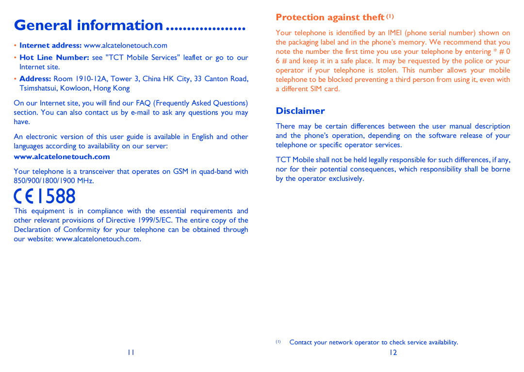 Alcatel Tribe (3040D) manual General information, Disclaimer 