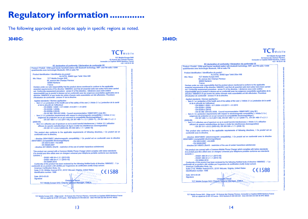 Alcatel Tribe (3040D) manual Regulatory information, 3040G 3040D 