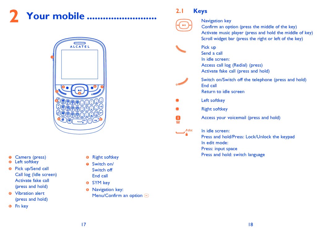 Alcatel Tribe (358D), Tribe (358) manual Your mobile, Keys 