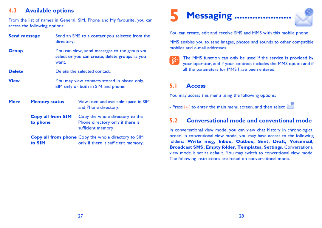 Alcatel Tribe (358), Tribe (358D) manual Messaging, Available options, Access, Conversational mode and conventional mode 