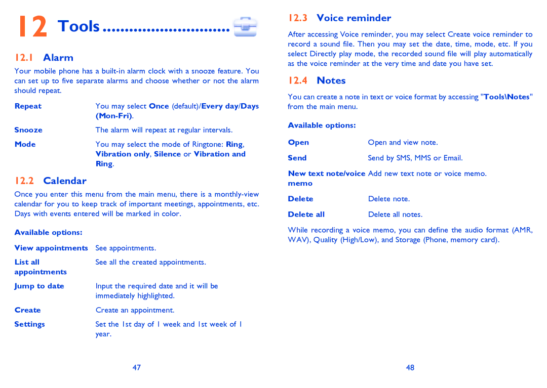 Alcatel Tribe (358D), Tribe (358) manual Tools, Alarm, Calendar, Voice reminder 
