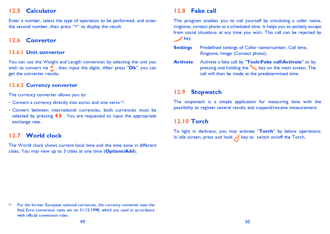 Alcatel Tribe (358), Tribe (358D) manual Calculator, Convertor, World clock, Fake call, Stopwatch, Torch 