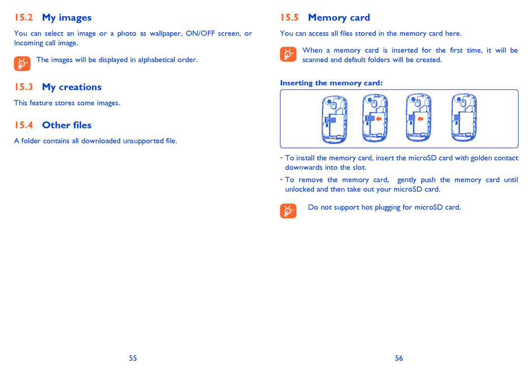 Alcatel Tribe (358), Tribe (358D) manual My images, My creations, Other files, Memory card, Inserting the memory card 