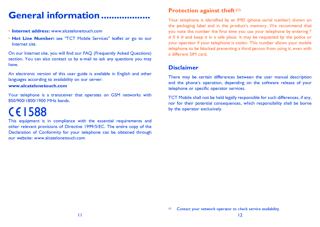 Alcatel Tribe (358D), Tribe (358) manual General information, Disclaimer 