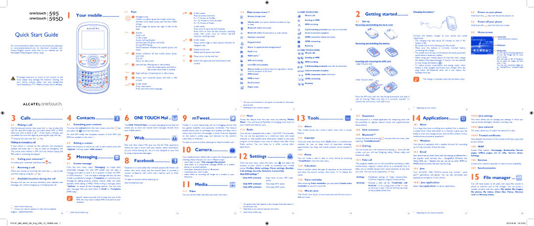 Alcatel manual 595595D 1 Your mobile, Getting started, Calls, Contacts, Messaging, ONE Touch Mail, Web, Facebook, Media 