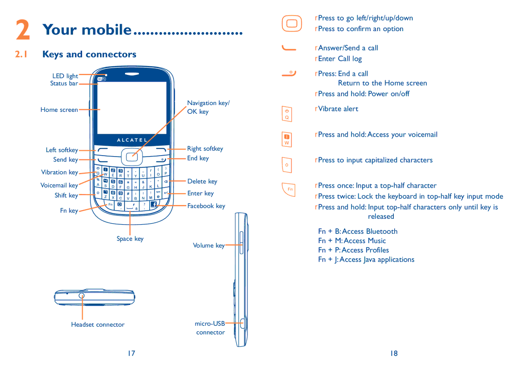 Alcatel 902A, Tribe (902) Your mobile, Keys and connectors, Press to confirm an option, Answer/Send a call, Enter Call log 