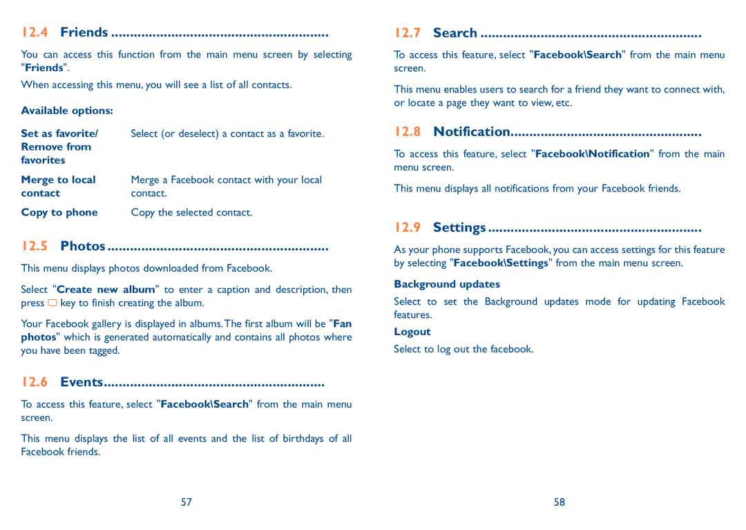 Alcatel Tribe (902A), Tribe (902) manual Friends, Events, Search, Notification, Settings 
