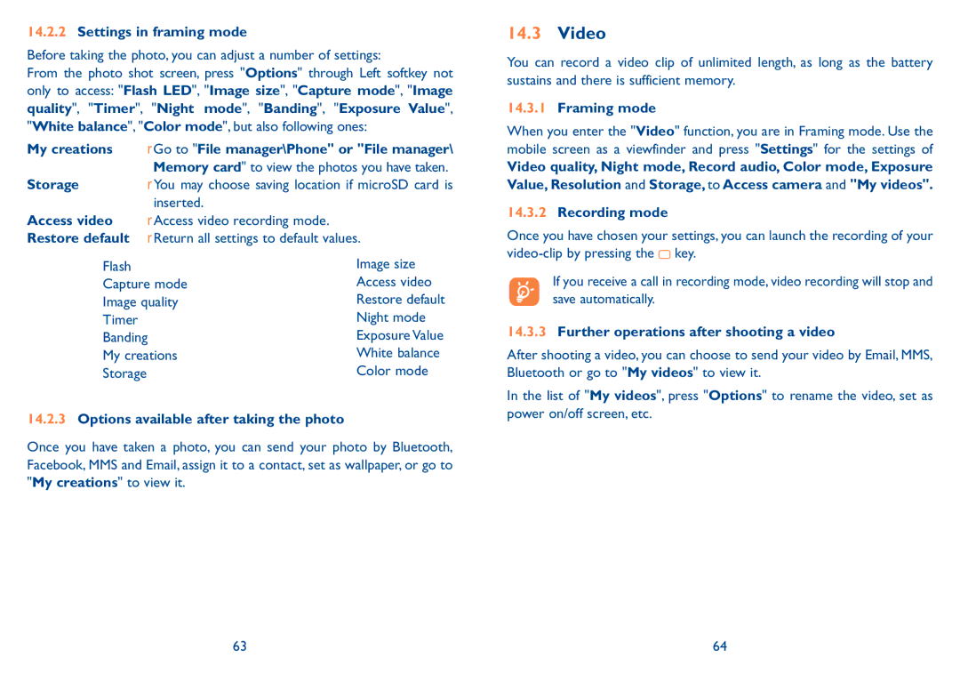 Alcatel Tribe (902), Tribe (902A) Settings in framing mode, Night mode, Banding, My creations, Access video, Framing mode 