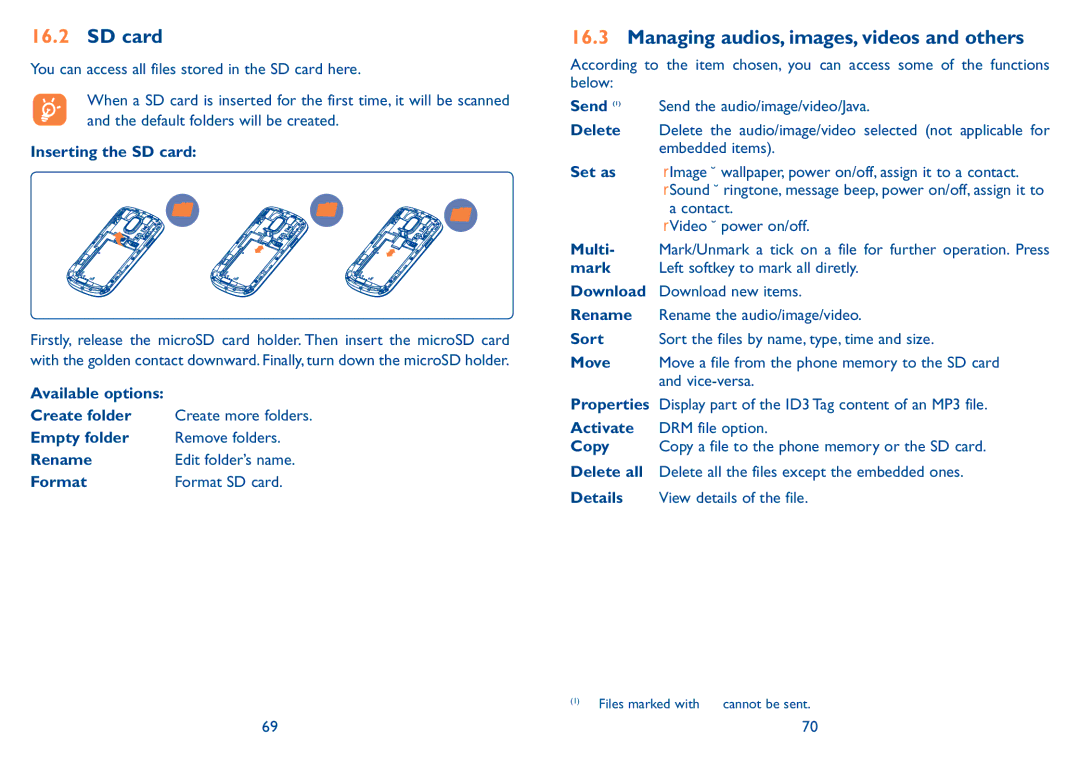 Alcatel Tribe (902A), Tribe (902) manual SD card, Managing audios, images, videos and others 