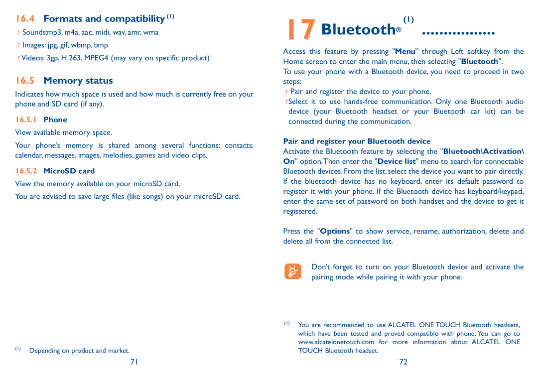 Alcatel Tribe (902), Tribe (902A) manual Bluetooth, Formats and compatibility, Memory status 