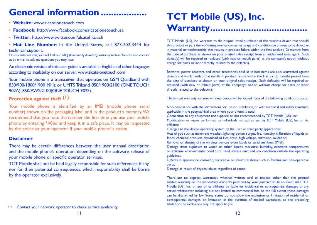 Alcatel Tribe (902A), Tribe (902) manual General information, TCT Mobile US, Inc Warranty, Disclaimer 