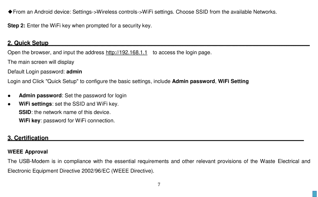 Alcatel W800 manual Quick Setup, Weee Approval 